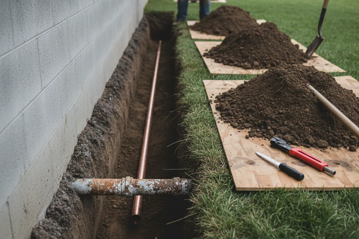Excavated water line trench during Sewer Line Repair in Sunshine